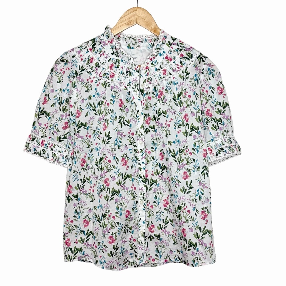 J Crew Ruffled Floral Top White Womens XS Cottagecore Button Up Short Sleeve
